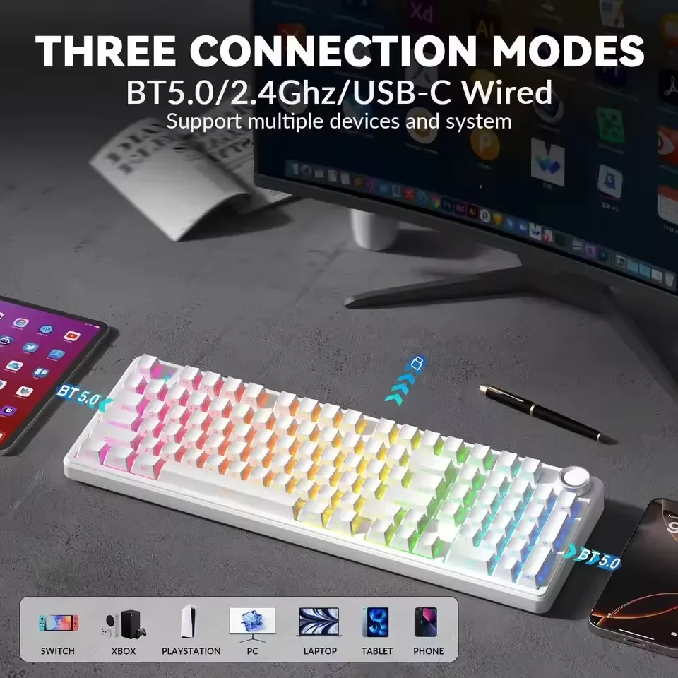 AULA F99 Pro Wireless Mechanical Keyboard 8000mAh RGB Backlit Hot Swappable Gaming Keyboard 99 Keys Anti-ghosting for PC