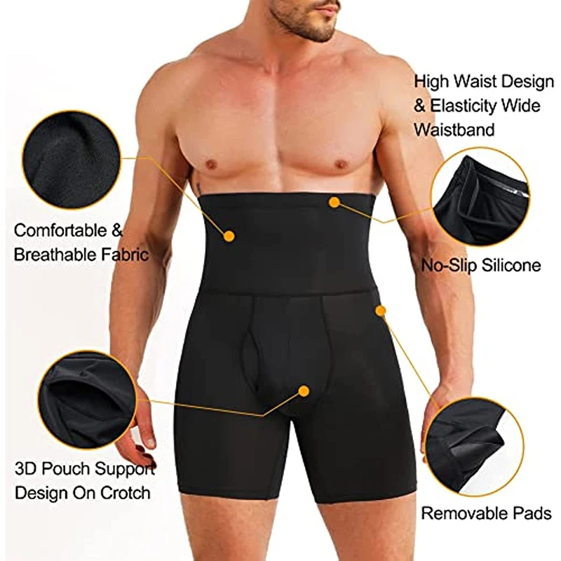 Men High Waisted Tummy Control Shorts Shapewear Slimming Training Body Shaper Girdle Compression Padded Underwear Boxer Briefs