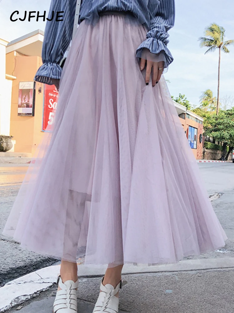 

CJFHJE Solid Color Ankle-Length Elegant Lady Tulle Skirts Korean Fashion High Waist Purple Women Skirts Sweet Long Pleated Skirt
