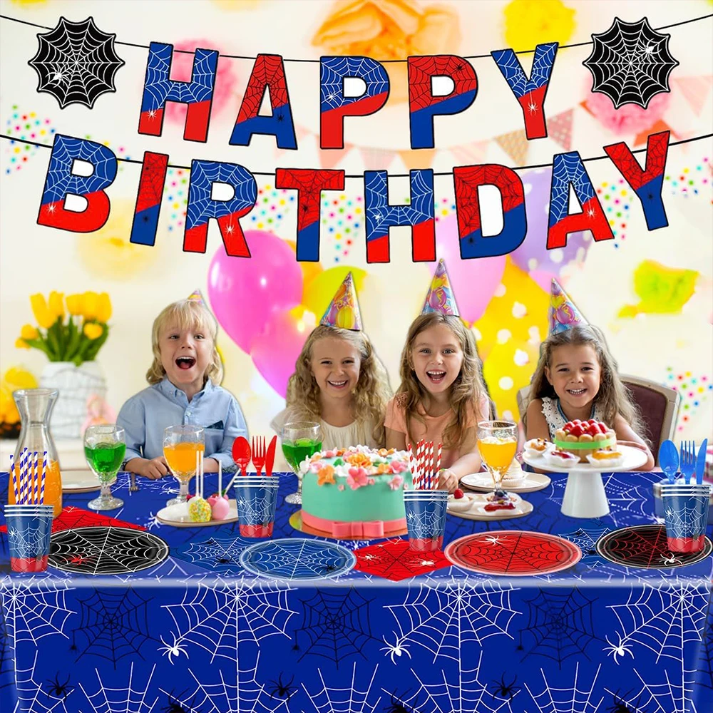 Spinnenpartyzubehör, rotes und blaues Spinnennetz, Geburtstagsbanner, Pappteller, Servietten, Tischdecke für Partydekorationen mit Spinnenmotiv – Detail 6