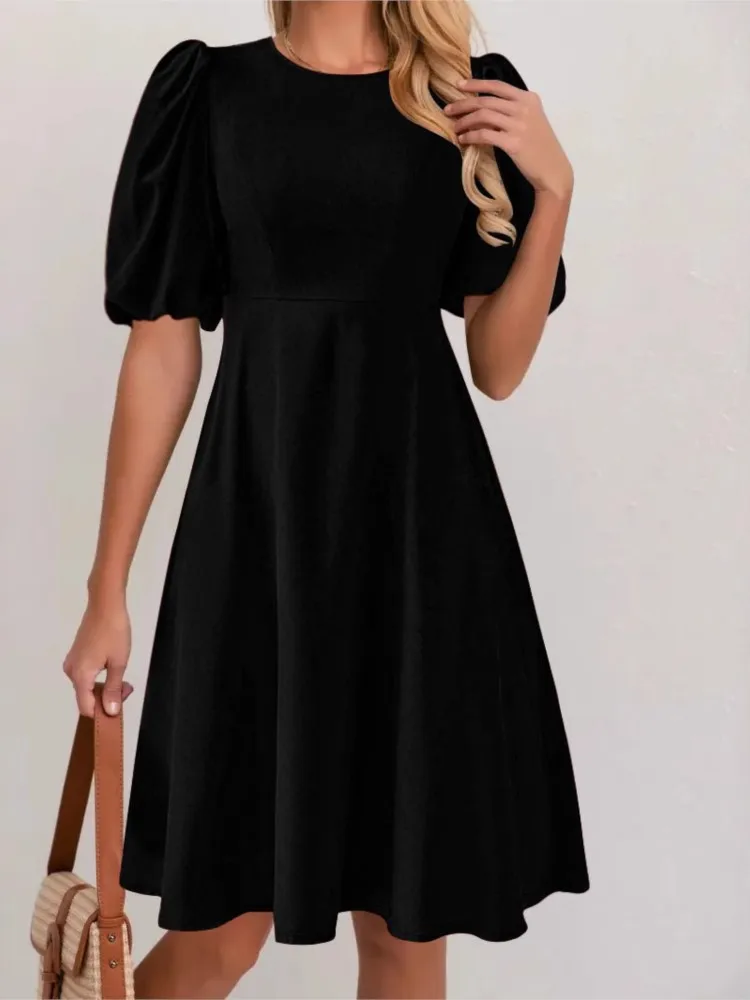 

Summer Fashion Elegant Solid Color Comfortable Casual Round Neck Puff Sleeve Dress Women's Daily Simple Commuting Dresses