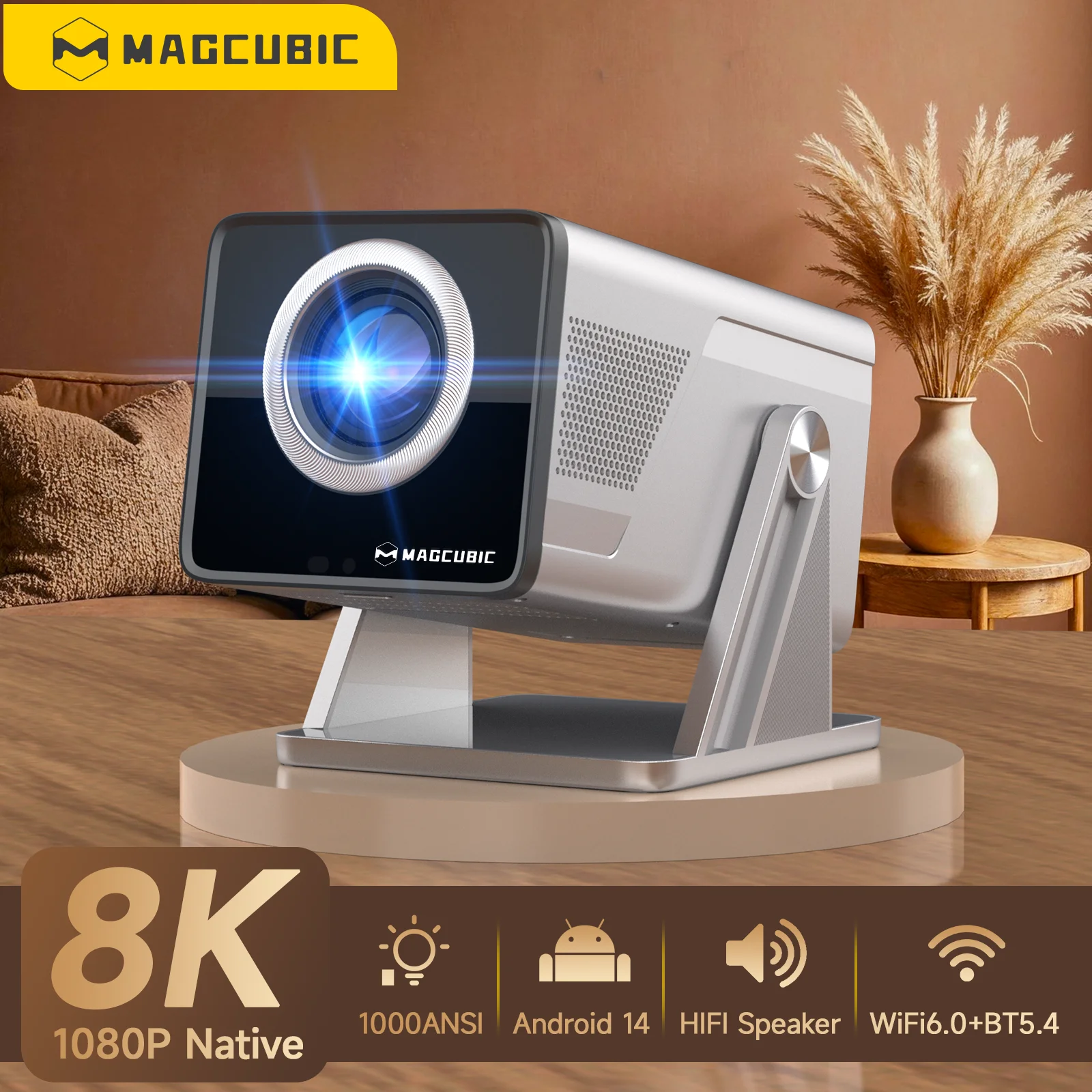 Proyector Inteligente Magcubic 8K con IA X7, Sistema Operativo Android 14, UHD 1080P, 1000 ANSI, Enfoque Automático, Keystone, Proyector para Interiores y Exteriores