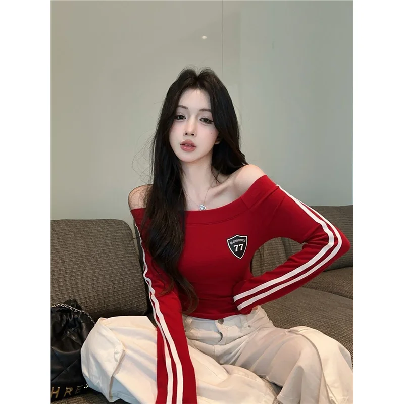 Cleanfit American Style Long Sleeve Color Block Slim Fit T-Shirt for Women Red Contrast Base Layer Hot Girl Print Top