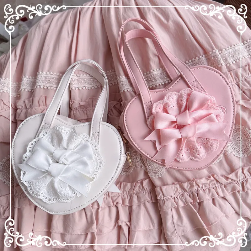 2024 New Patchwork Lace Bow Hand Bag Cute Sweet PU Lolita Crossbody Bag Kawaii Uniform Heart Shoulder Bag Bolso сумка