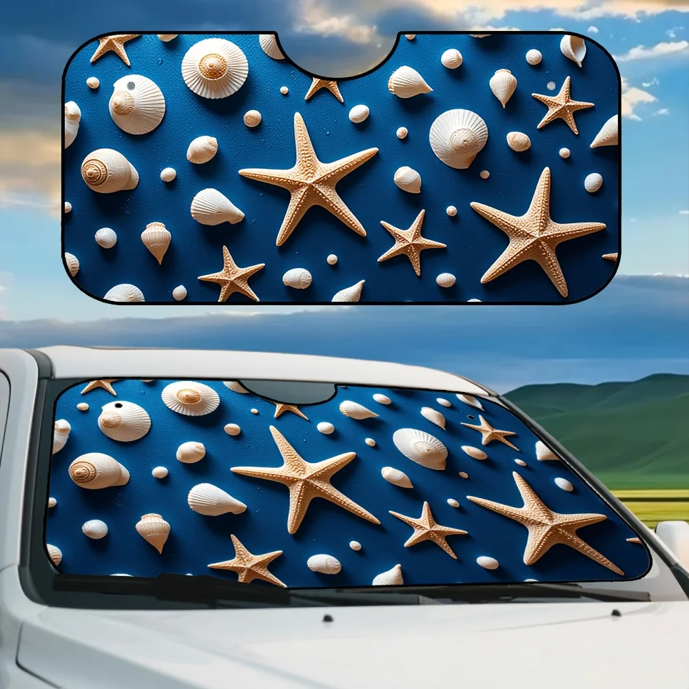 1pc Ocean Shells & Starfish Blue Print Car Windshield Sunshade - Practical Folding Visor, Durable Polyester Material, Ideal For