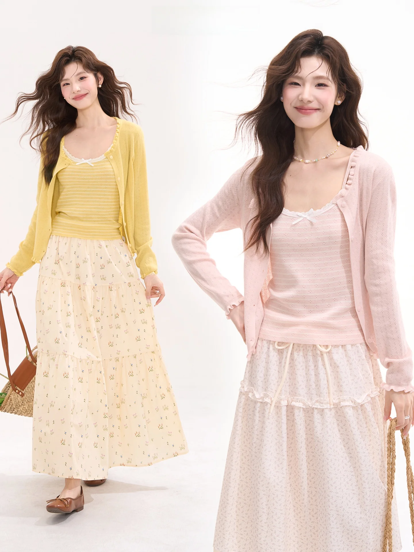 

Комплект из двух предметов: вязаный кардиган и топ в стиле принцессы, женский летний комплект с полосатой кружевной отделкой, рубашка с длинным рукавом, стандартный крой