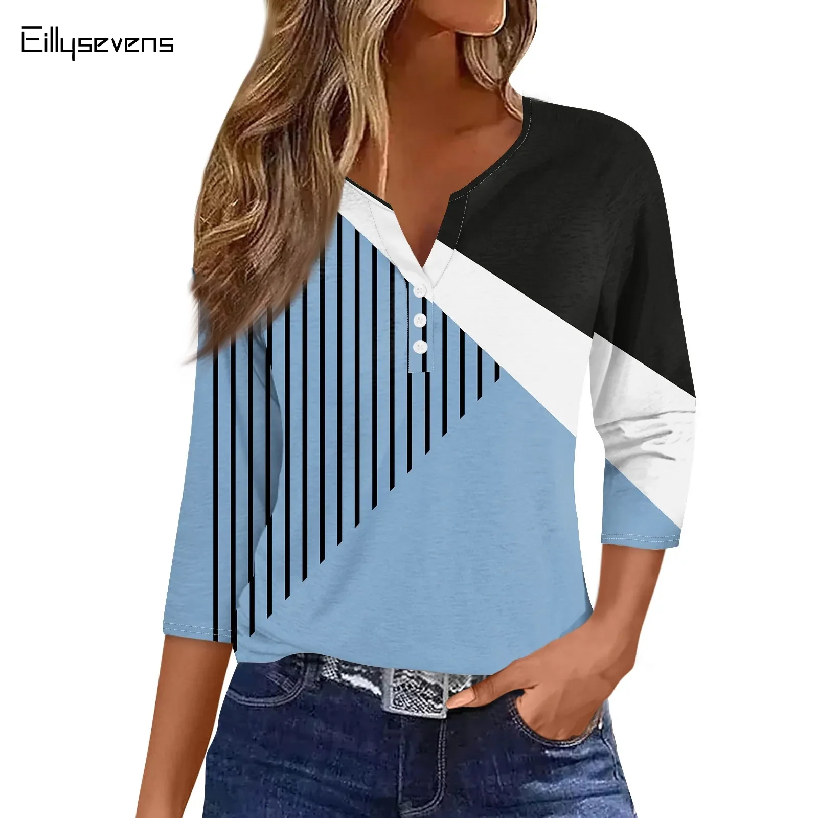 New Women's Geometric Print T Shirt Loose Ladies Clothes V-neck Fashion 3/4 Sleeve Tees Female Oversized Sweatshirt Loose Tops