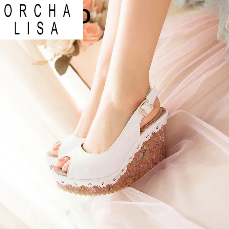 

ORCHA LISA New Design Sweet Women Sandals Peep Toe Wedges 11.5cm Platform 3.5cm Back Strap Mixed Big Size 42 43 44 Dating Shoes