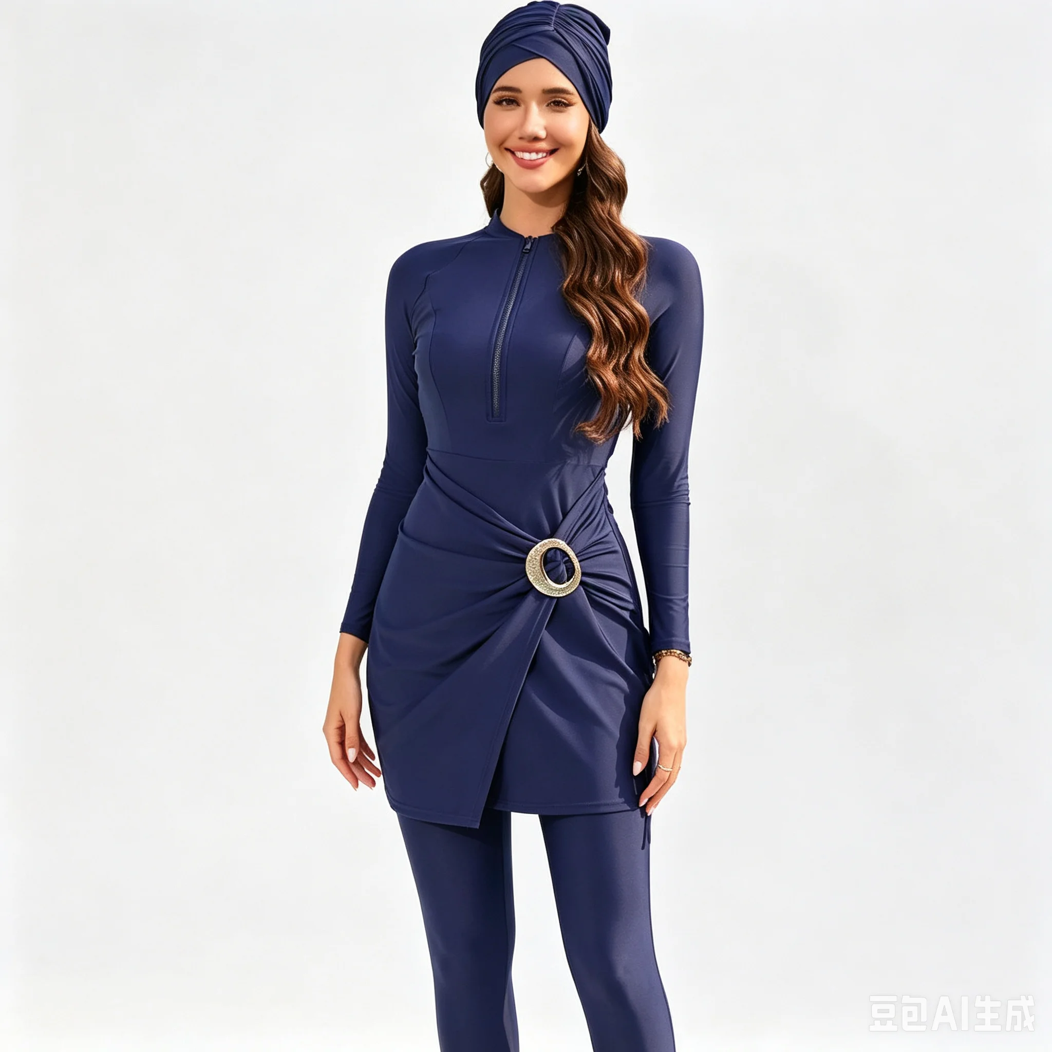 3 Pcs Modest Burkini Swimwear Front Zip Long Sleeve Rash Guard + Gold Buckle Wrap Skirt Leggings Turban Hat UPF Muslim Beach Set