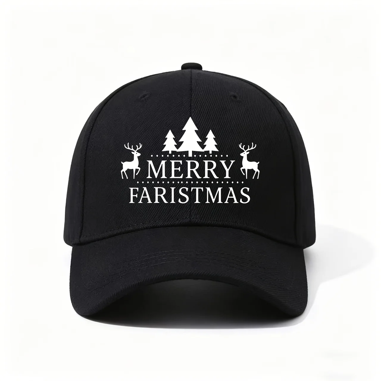 Baseball Cap, Constructed from Premium Fabric with Structured Crown, Displays a Festive MERRY FARISTMAS Print with Reindeer And