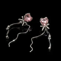 17KM Y2K Pink Heart Long Tassels Stud Earrings for Women Girls Fashion Sweet Bow Shiny Dangle Earring Party Jewelry Gifts Trend