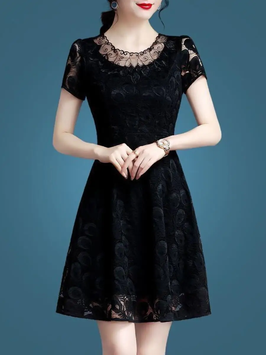 夏のエレガントな黒レース半袖ワンピース、スリムなプラスサイズ婦人服、お腹をカバーするミディスカート、3点セット