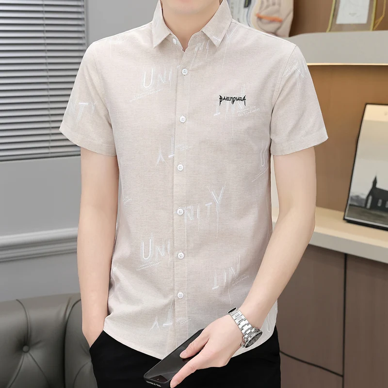 Letter Printing Short Sleeve Men\'s Clothing Turn-down Collar Contrast Color Summer Button Up Cardigan Shirt Preppy Style Tops