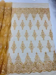 Luxury Gold African Sequins Lace Fabric 2023 High Quality Handmade Beads French Tulle Lace Fabric For Party Wed Dress LDP23230A