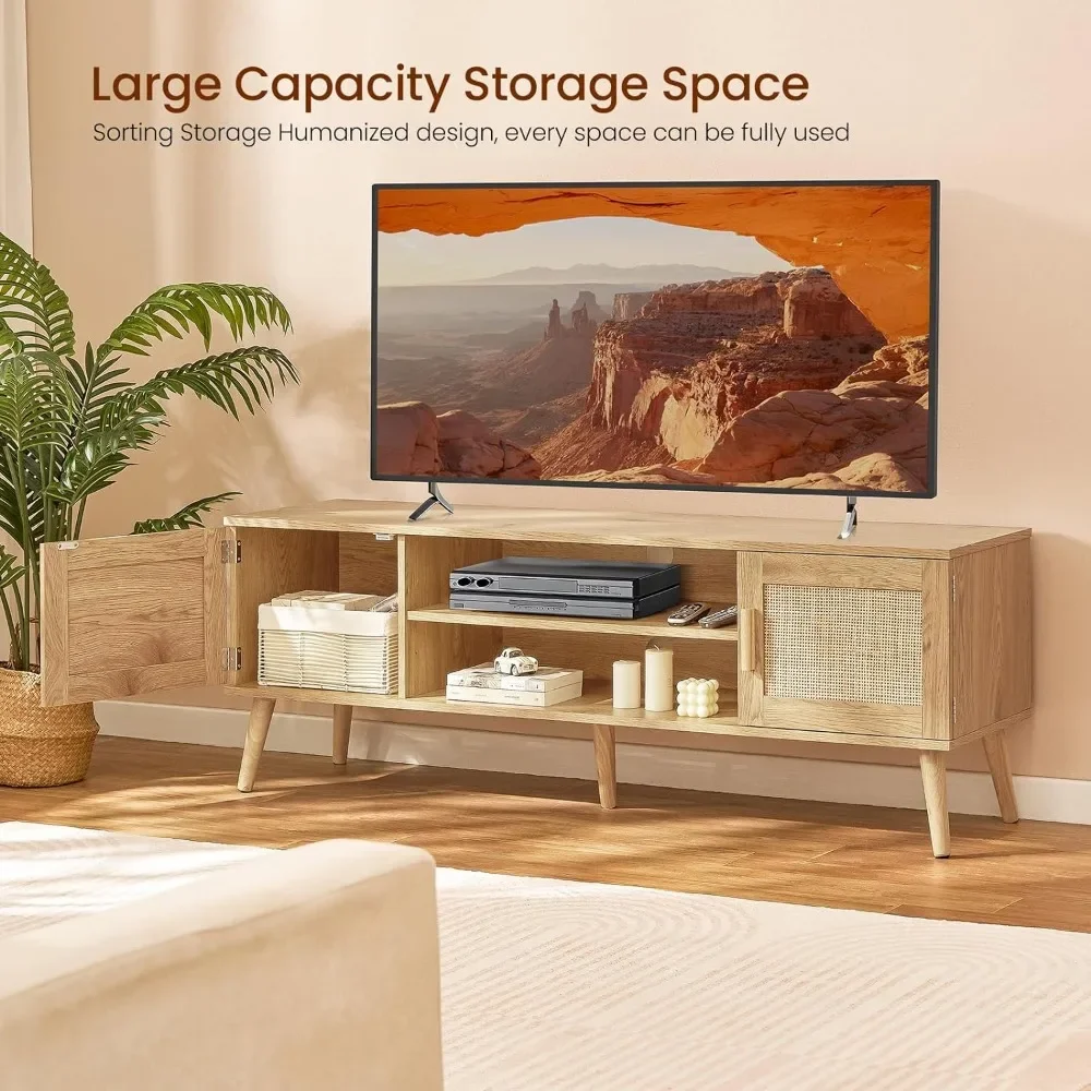 Iwell Boho Rattan Mid Century Modern TV Stand for 55 65 70 Inch TV, Large TV Console, Entertainment Center with Adjustable Shelf image 2