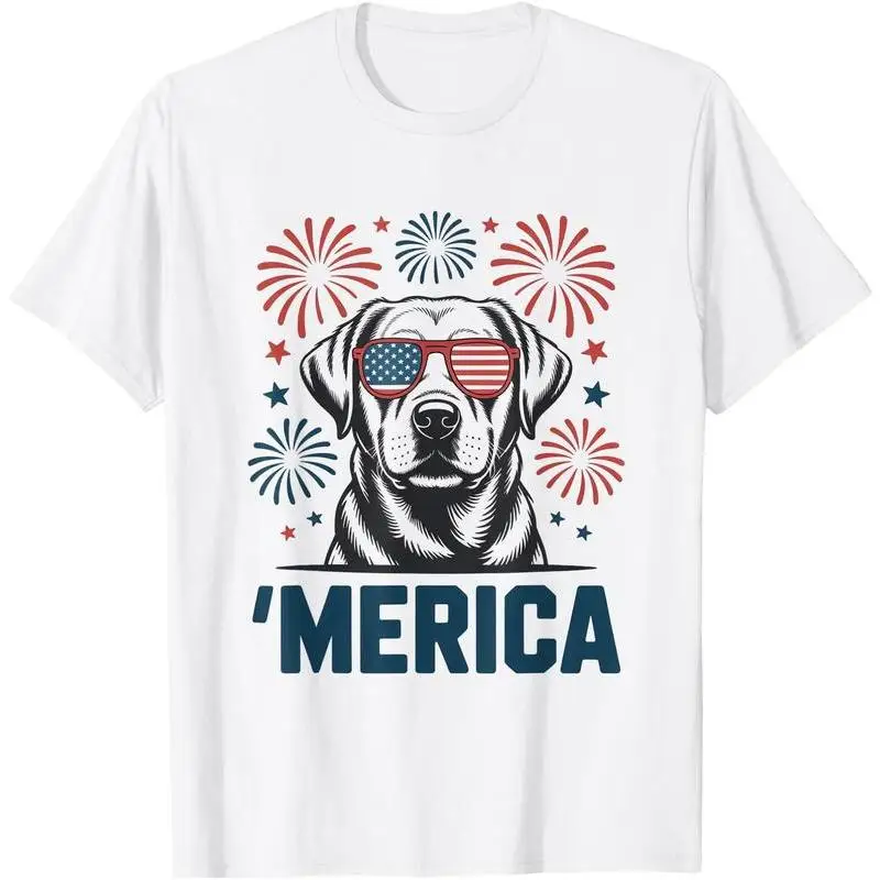 

Patriotic Labrador T-Shirt Men Women American Flag Sunglasses Dog Tee 'Merica Pride Graphic Print Summer Top Gift for Dog Owner