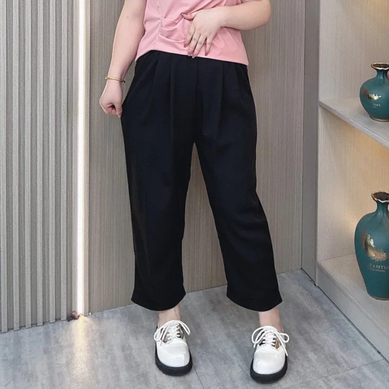 Summer Plus Size Ice Silk Suit Pants Women's New  Loose Thin Elastic high-waisted Straight Trousers