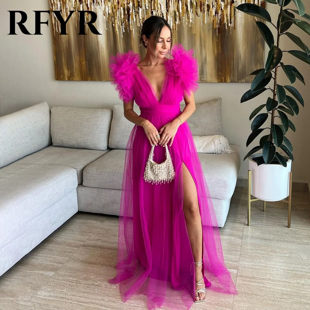 

RFYR Fuchsia Exquisite A-line Evening Dresses Tank Pleats V-Neck Prom Dress with Side Split Morden Vestidos De Fiesta Customized