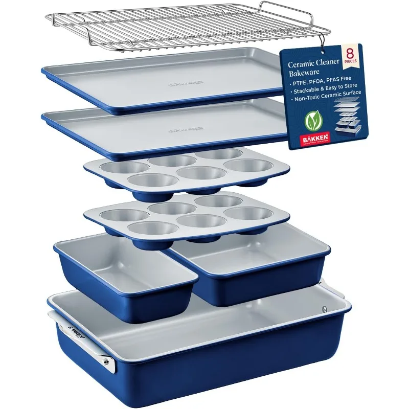 

8-Piece Stackable Bakeware Set Ceramic Non-Stick Coating, Baking Sheets, Assorted Baking Pans, PTFE, PFOA & PFOS