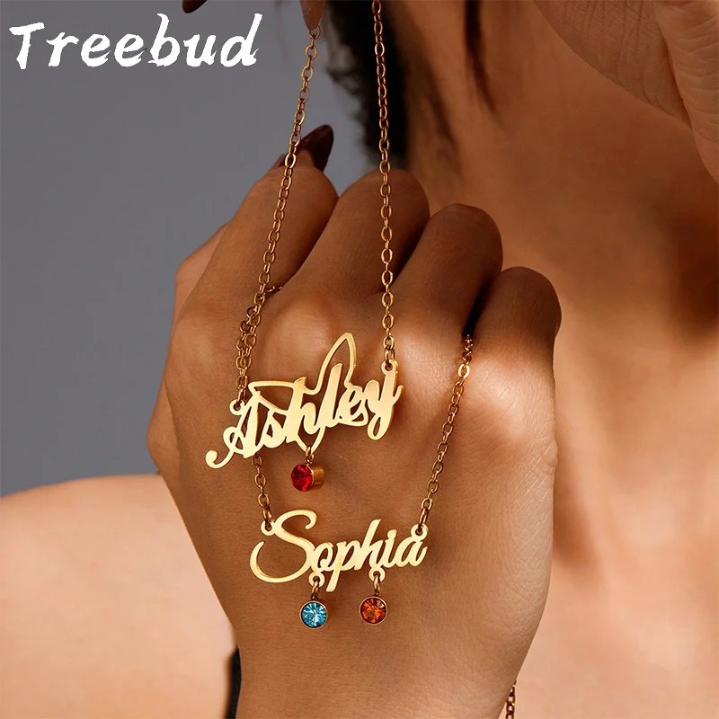 

Treebud Personalized Name Necklace Birthstone Stainless Steel Customized Letter Hanging Small symbol Pendant Women Jewelry Gift