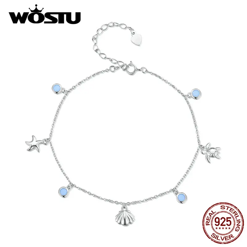 WOSTU 925 Sterling Silver Seastar & Shell Charm Anklet Foot Jewelry for Women Summer Beach Jewelry Gift