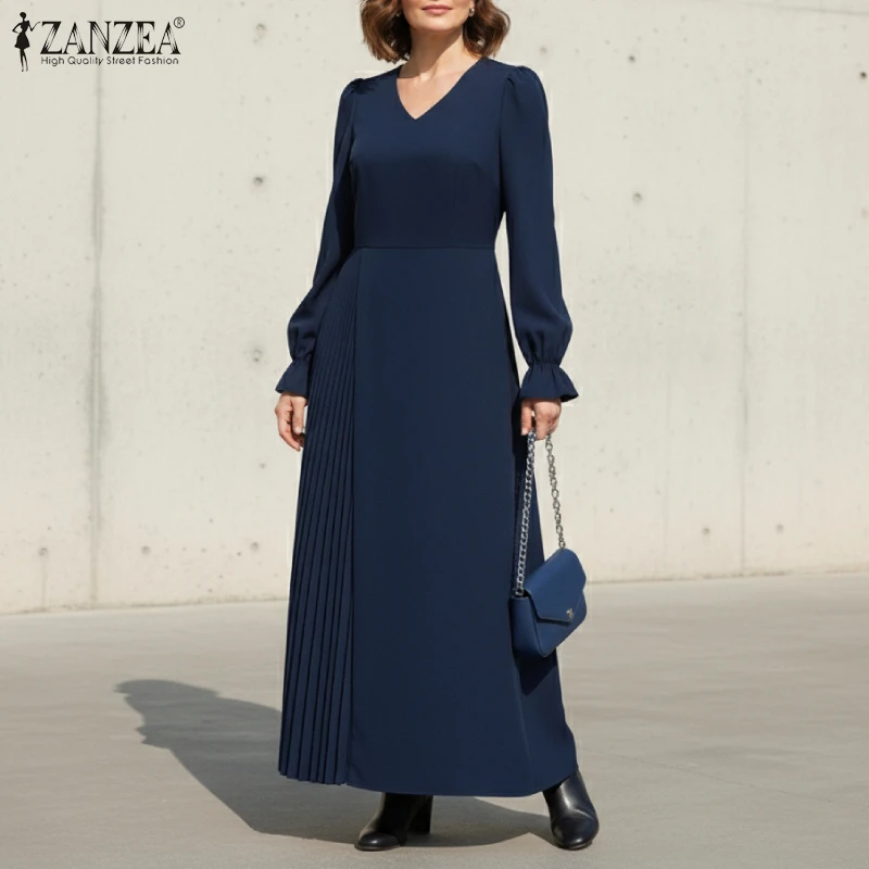 

ZANZEA Plus Size Women Elegant Chic Maxi Dress V-Neck Long Puff Sleeve Pleated Detail Fit and Flare Long Dress Female Kaftan 5XL