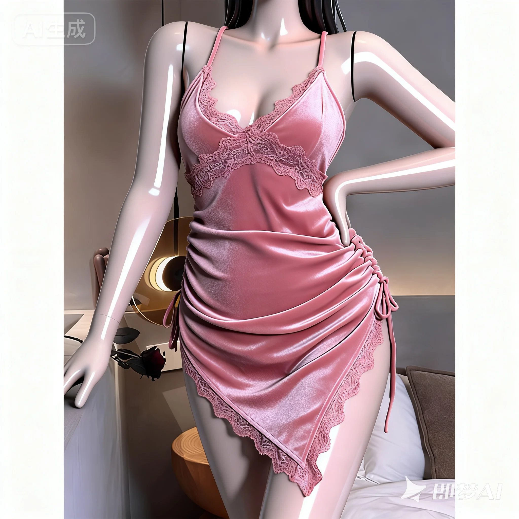 Lace V-neck Short Skirt  High-quality Elegant Velvet Side Slit Lace Seductive Women's Suspender Nightgown nighty one-piece dress