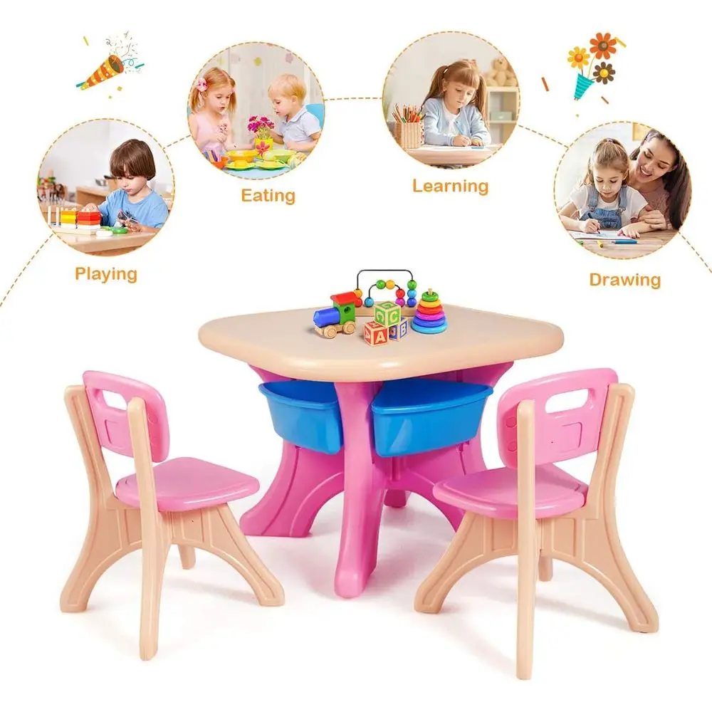 3-Piece Pink Toddler Activity Table Set with Storage Bins and Chairs for Play and Learning