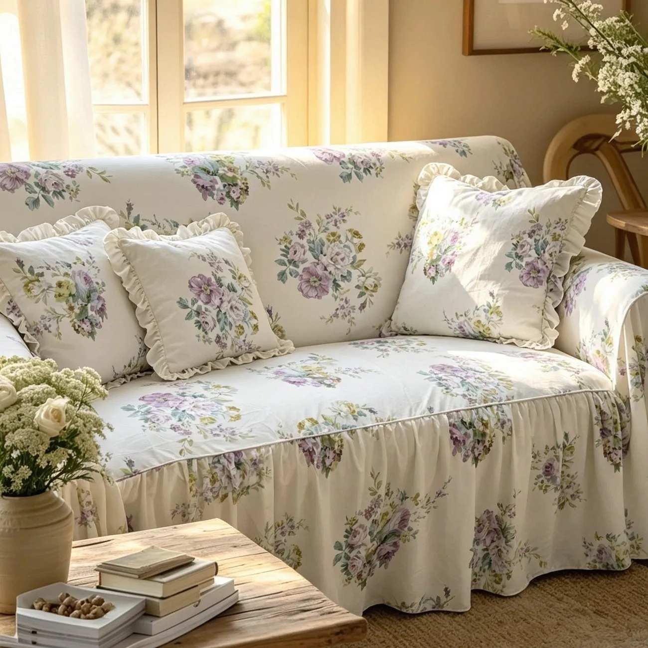 French Cream Wind Fresh Purple Flower Polished Four-season Sofa Towel Cover Sofa Cover Butterfly Flowers Warm Countryside