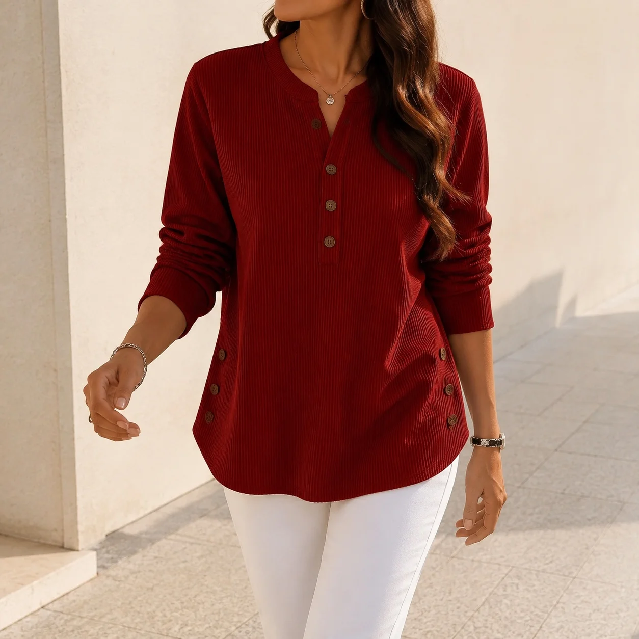 Loose Fit Long Sleeve Top Midi Length Commuter with High Stretch Elegant Round Neck 3D Effect Button Front Women Top Autumn
