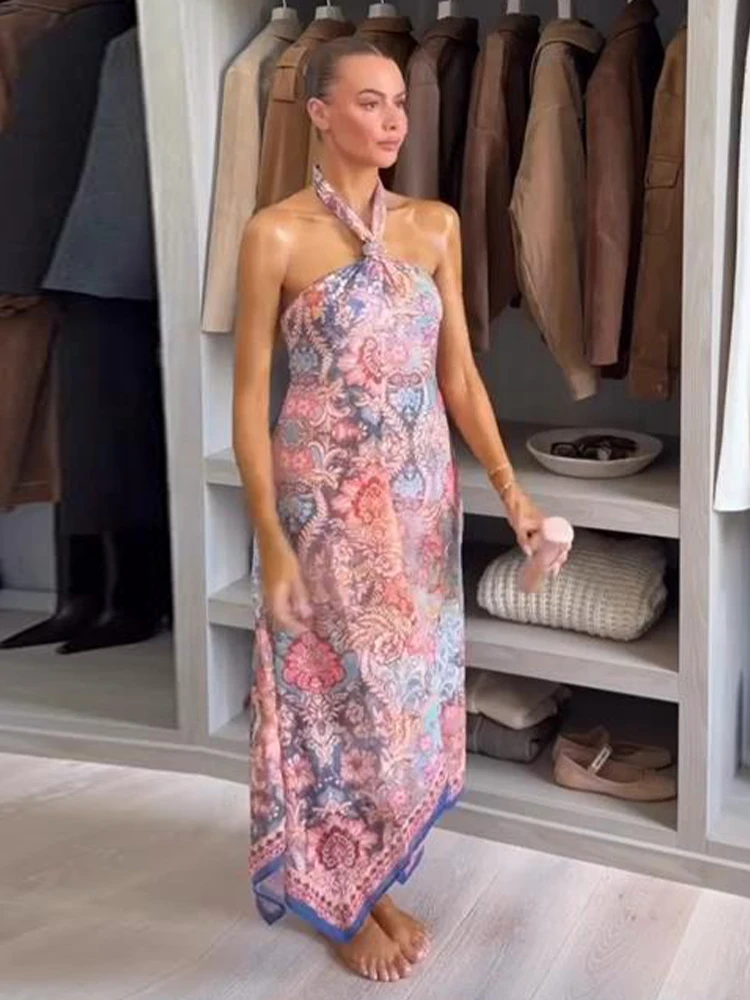 Damen-Abendkleider mit Neckholder, bedruckt, tailliert, unregelmäßiger Saum, langes Kleid, charmantes, ärmelloses, rückenfreies, schmales Kleid für Damen – Detail 15