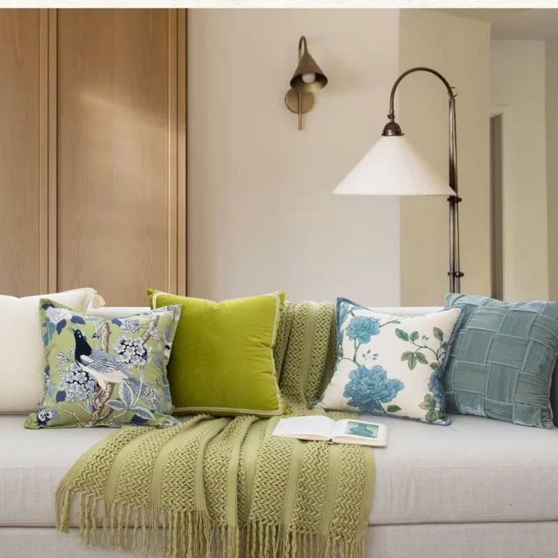 Chinese Flora Birds Pillows Green Cushion Case Luxury Blue Decorative Pillow Cover For Sofa Chair Home Decorations