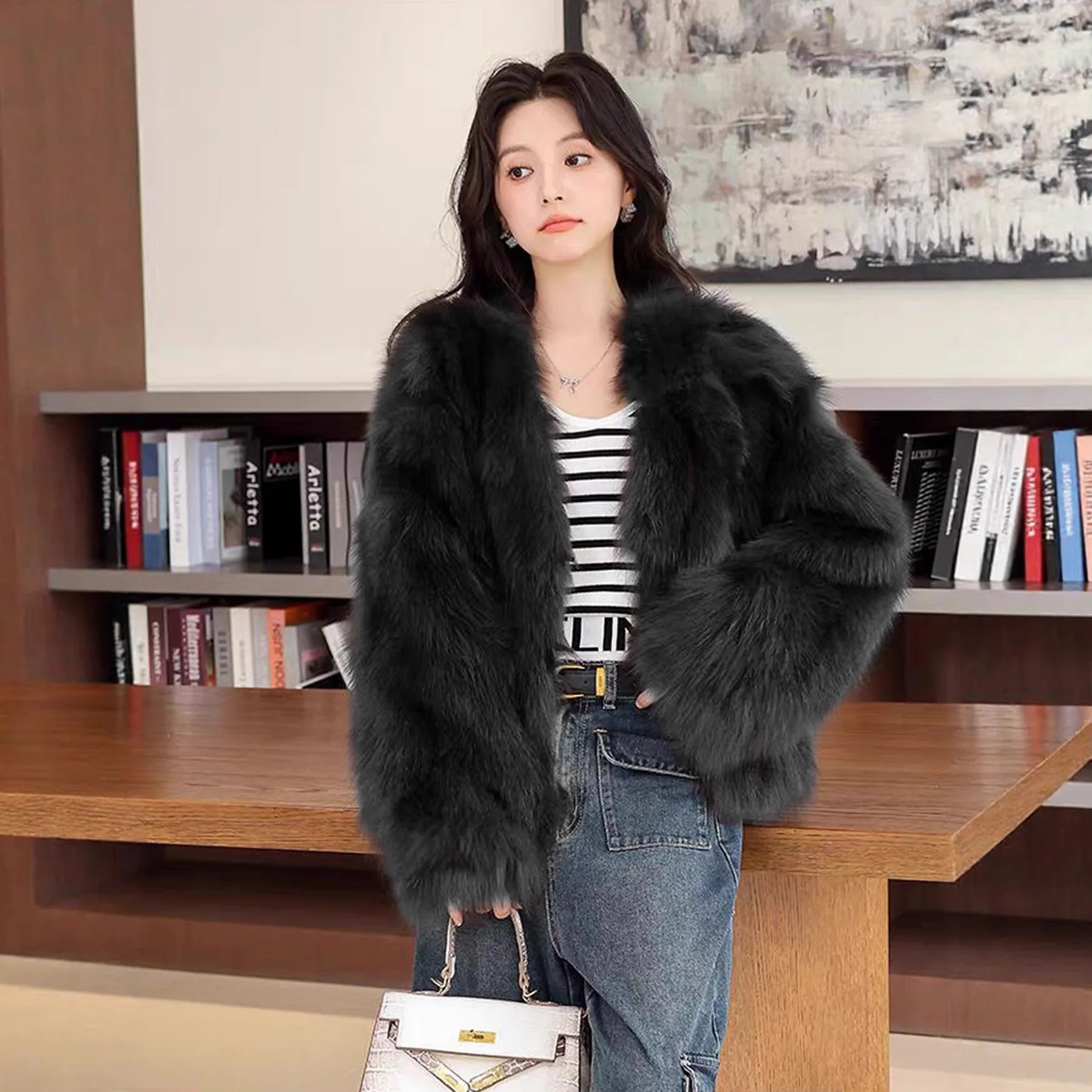 인조 모피 코트 여성용 솔리드 퍼 재킷 긴 소매 브이넥 버튼 두꺼운 따뜻한 퍼 캐주얼 오피스 레이디 2025 가을 겨울