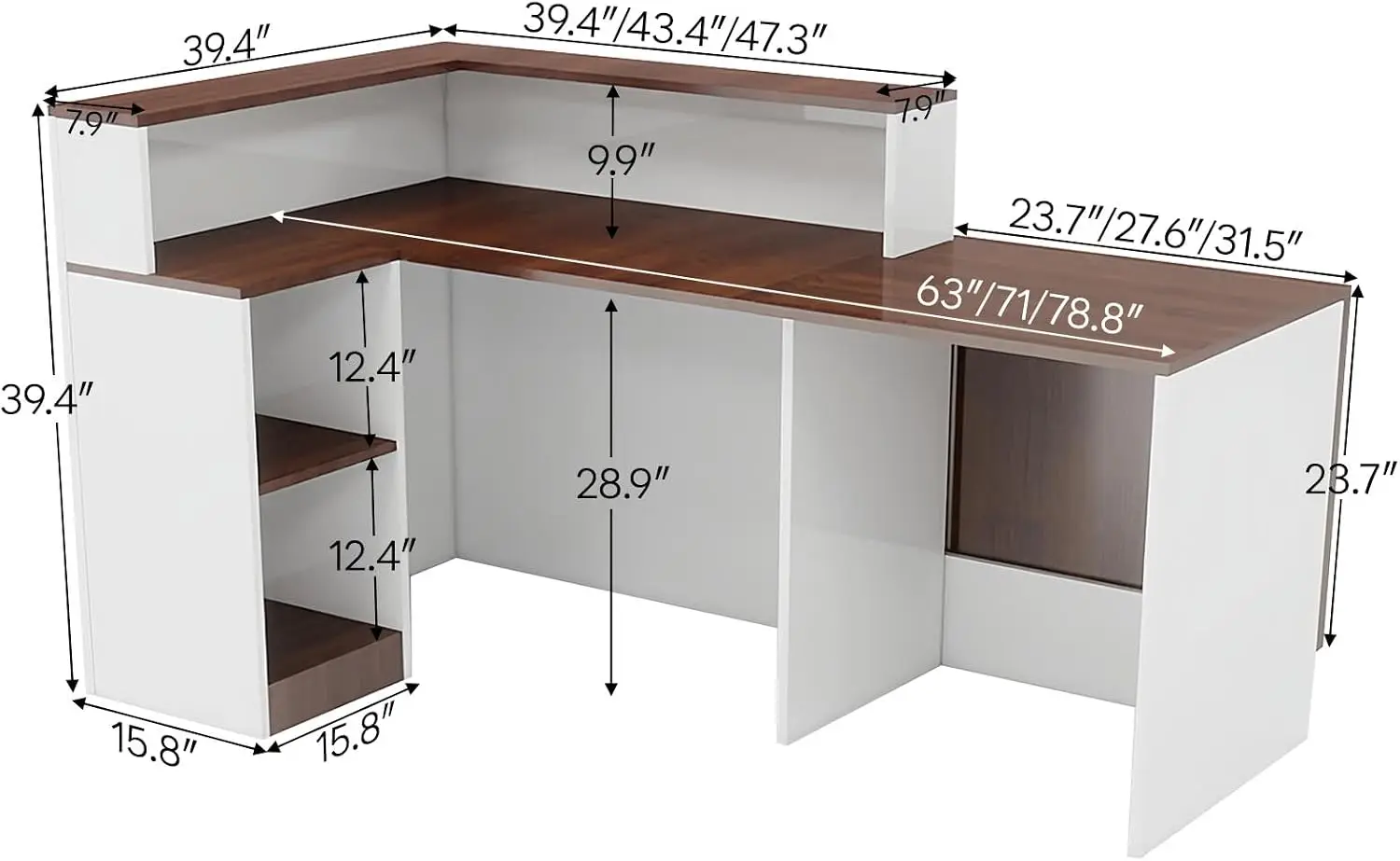 63″ L-Shaped Reception Desk with Left Countertop & Shelves, White & Walnut | Colored LED Strips, Large Capacity 2-Tier Shelves,