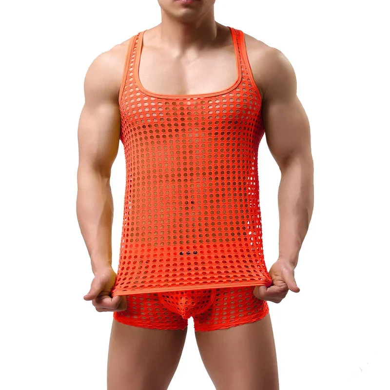 

2 шт., мужские жилеты, майки, костюмы, футболки без рукавов + шорты-боксеры, топы на бретелях, нижнее белье, сетчатые дышащие сексуальные комплекты мужской одежды