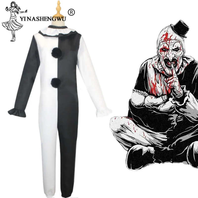 

Movie Terrifier 2 Cosplay Costume The Clown Jumpsuit Ghost Mask Halloween Costumes Anime Suit Horror Bodysuit Black Hat Outfits