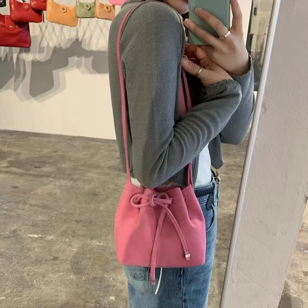 FIRMRANCH Trendy Macaron Style Pink Frosted Cowhide Drawstring Bucket Young Girls Shoulder Diagonal Cross Bag Dumplings Hobos