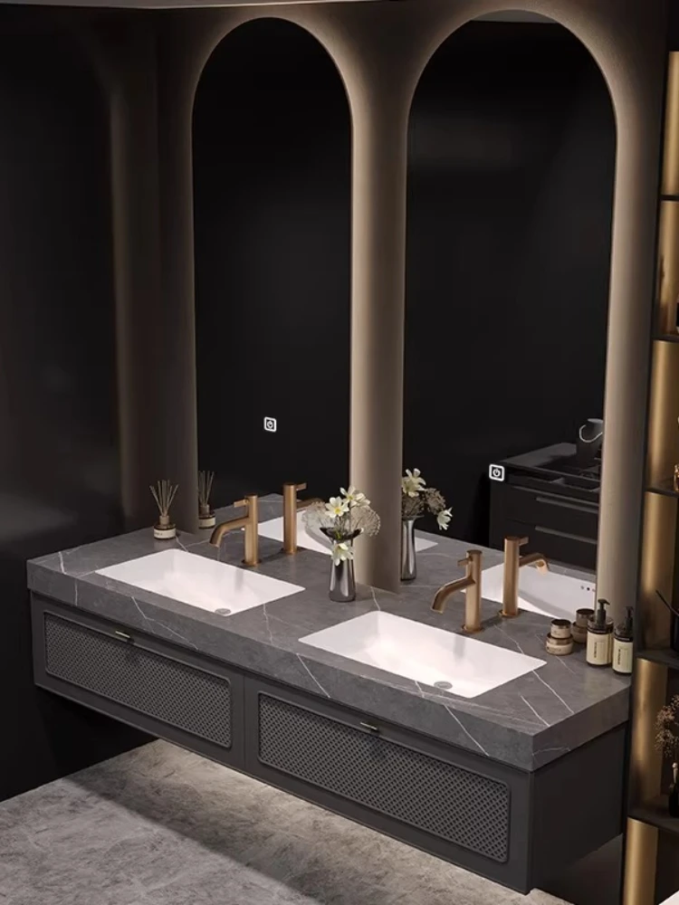 

High-end hotel-style bathroom cabinet combination imitation rattan slate seamless bathroom sink