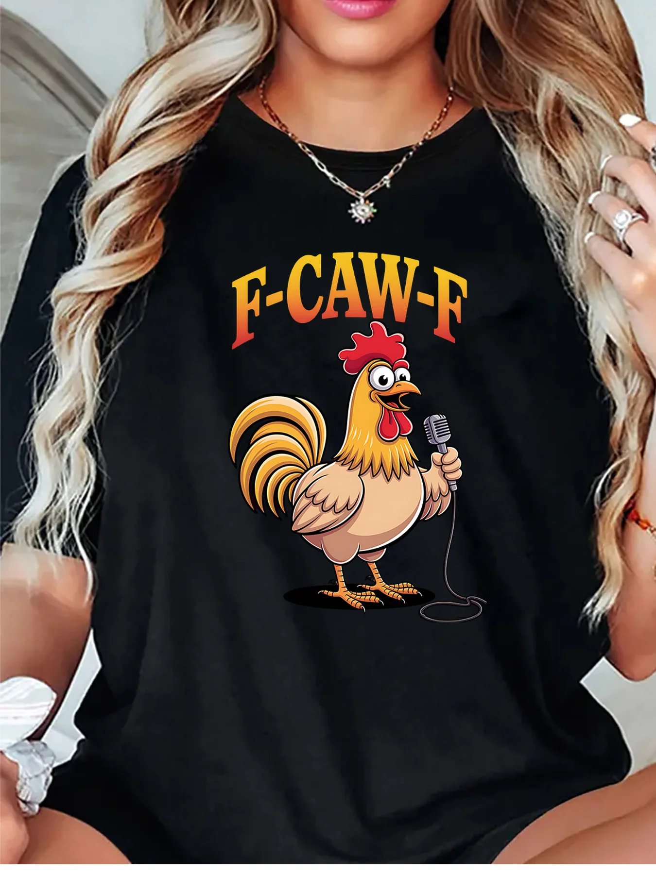 Funny F Caw F Rooster Holding Microphone Cartoon Art Print Graphic Womens T Shirt Short Sleeve Crew Neck Casual Ladies Tee Tops