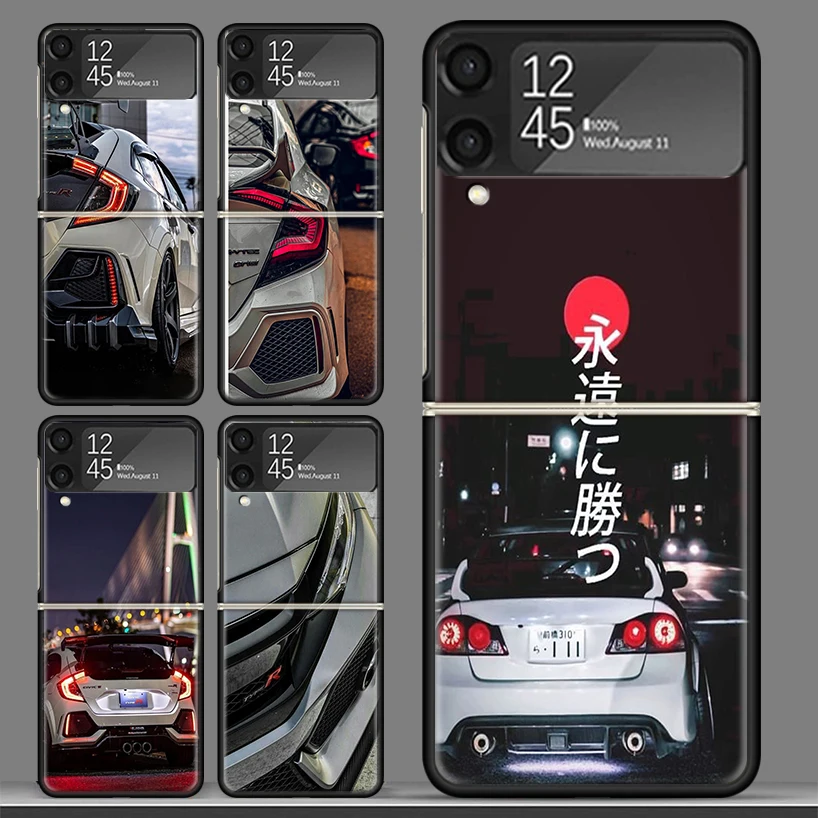 JDM Type R Civic Sport Car Phone Fold Case for Samsung Galaxy Z Flip 6 5 4 3 ZFlip6 Z Flip5 Flip6 Flip4 Flip3 5G Black Shell Cov