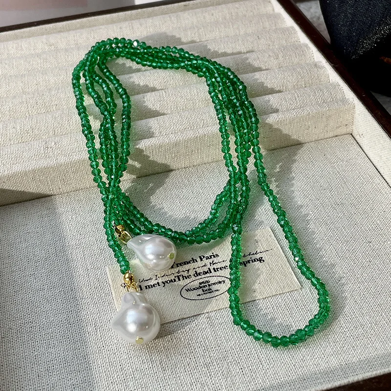 HangZhi Fashionable Pearl Green Beaded Long Necklace Multiple Wearing Sweater Chain French Vintage Jewelry for Women New