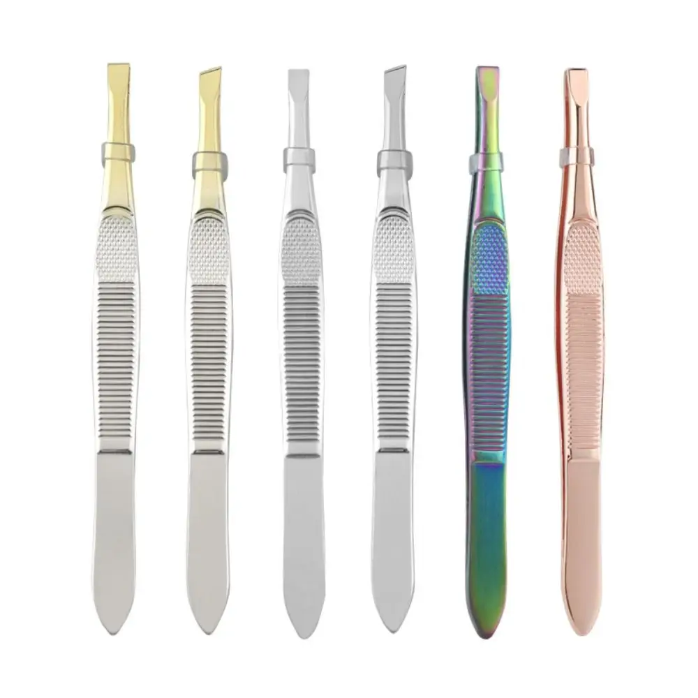 Stainless Steel Eyebrow Trimming Tweezers Slant Tip Plucking Eye Brow Clips Mesh Stripe Handle Flat Tip Eyelash Curler Women