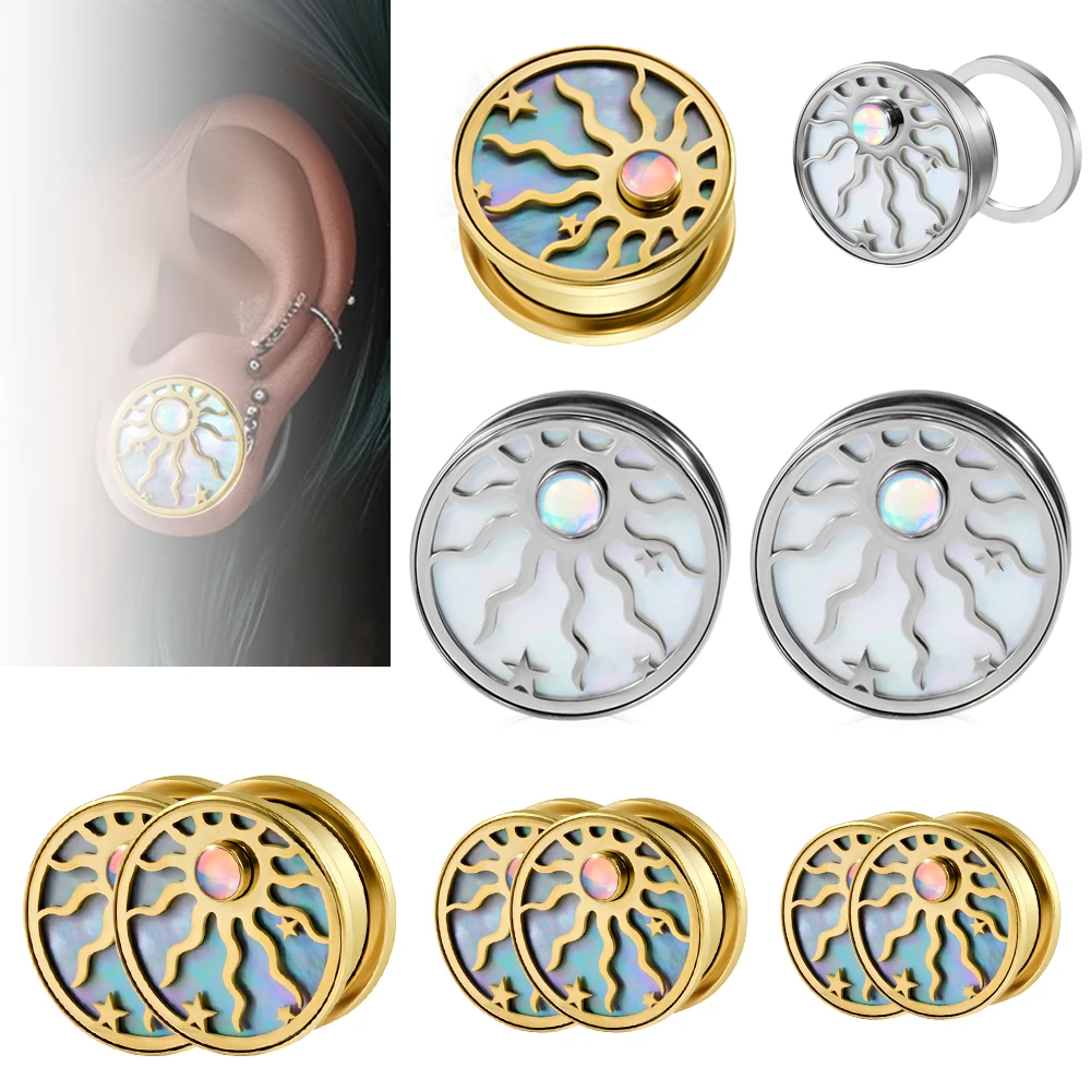 2/1PCS White Flash Film&Shell Sun Flat Ear Plugs Surgical Steel Pulley Screw Ear Tunnel Saddle Ear Gauge Expansion Earring