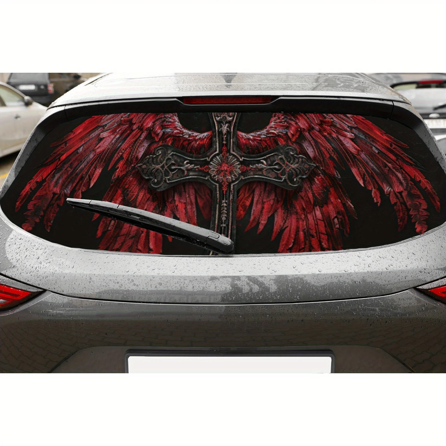 

Темный крест с красными крыльями, перфорированные виниловые обертывания для автомобиля из ПВХ, конструкция для улучшения конфиденциальности на заднее окно, наклейка на заднее лобовое стекло автомобиля
