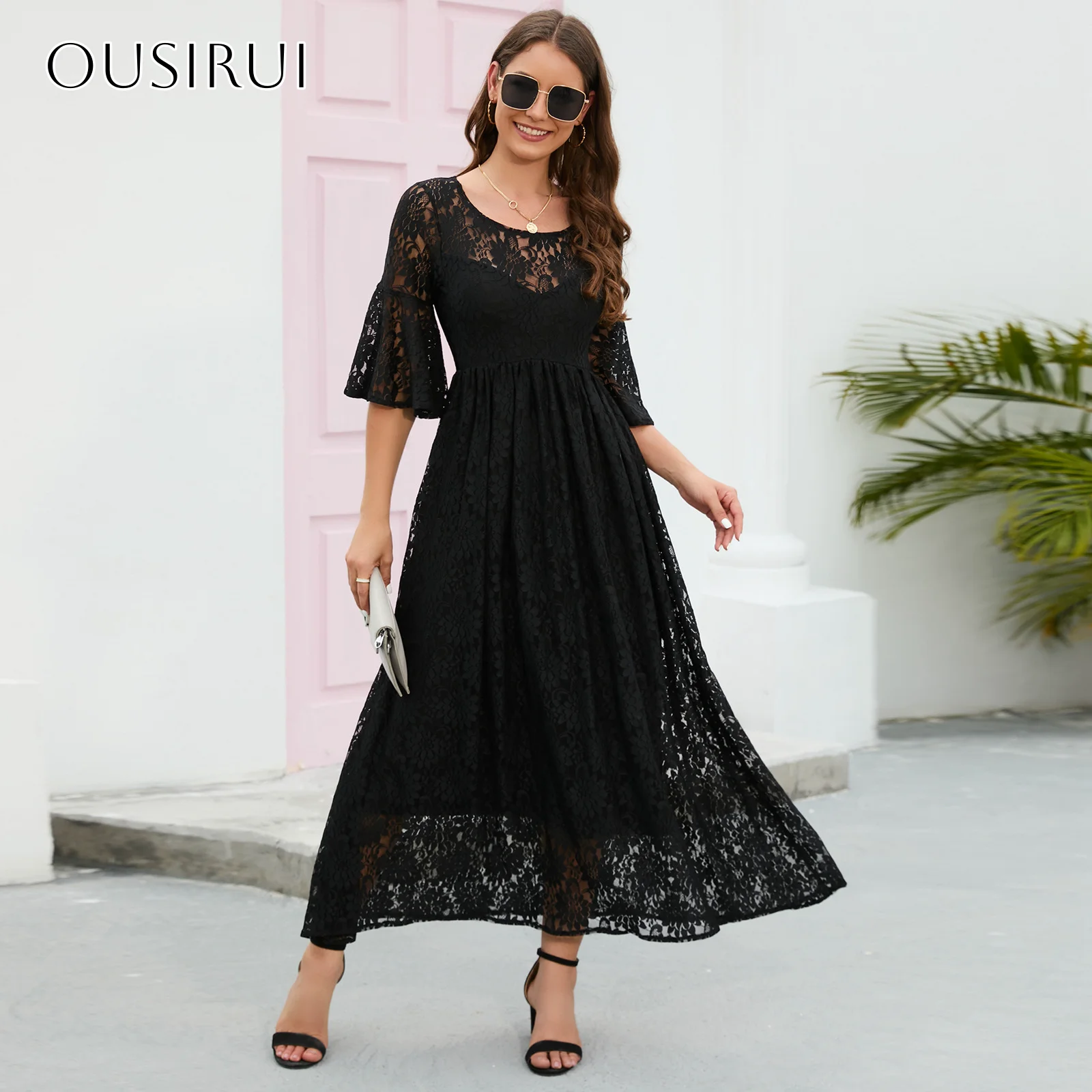 

Lace A-line Short Cocktail Dresses Ankle Length Puffy Half Sleeves Formal Party Gown Customized vestido corto elegante