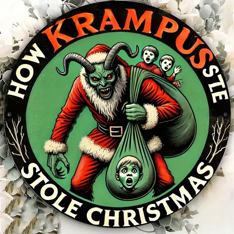 لافتة فنية جدارية من الألومنيوم 2D مسطحة، قطعة واحدة من Krampus، لوحة معدنية مستديرة مقاس 8 × 8 بوصة، مثبتة على الحائط، ديكور متين للمنزل والمكتب، داخلي