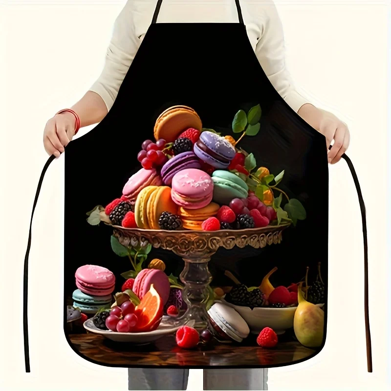 1pc French Macaron & Fruit Print Apron - 100% Polyester Kitchen Apron with Macarons, Raspberries, Strawberries, Grapes, Cherries