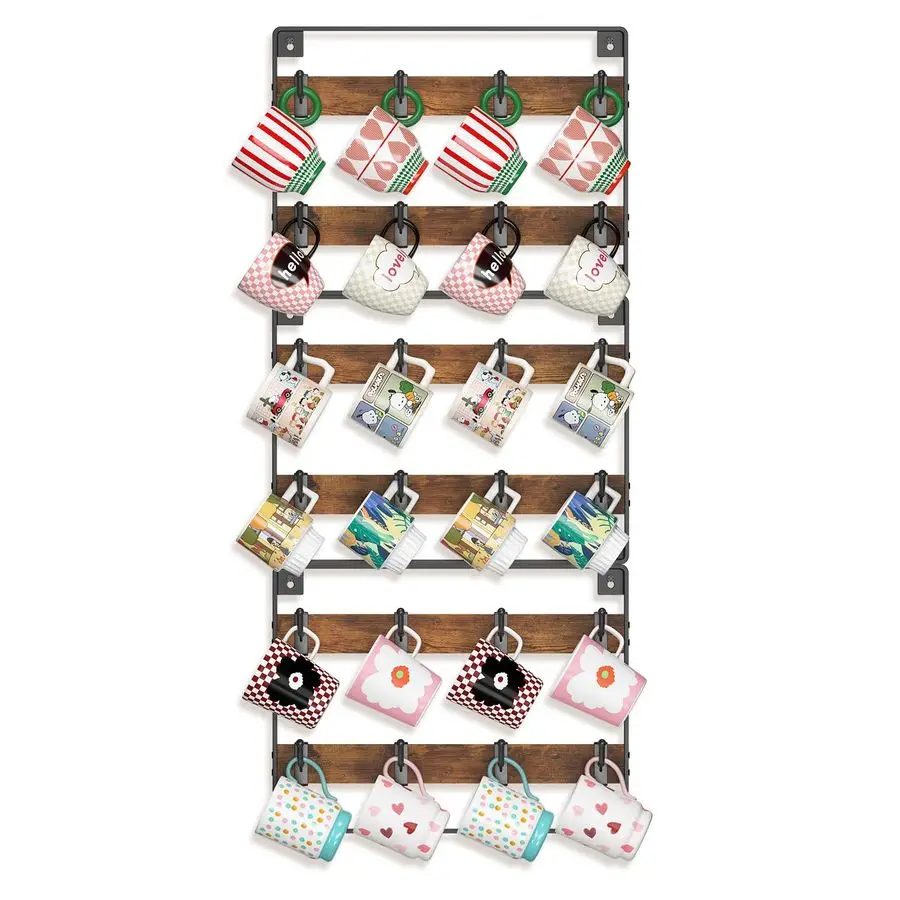 

Mug Holder Hanger Rack Wall Mounted Wooden 3 Pack Coffee Cup Storage Organizer Display Shelf with 24 Movable Plastic Hooks, Idea