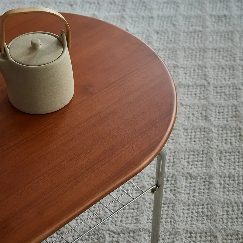 Coffee table living room household small apartment medieval retro oval solid wood with double-layer tea table balcony tea table