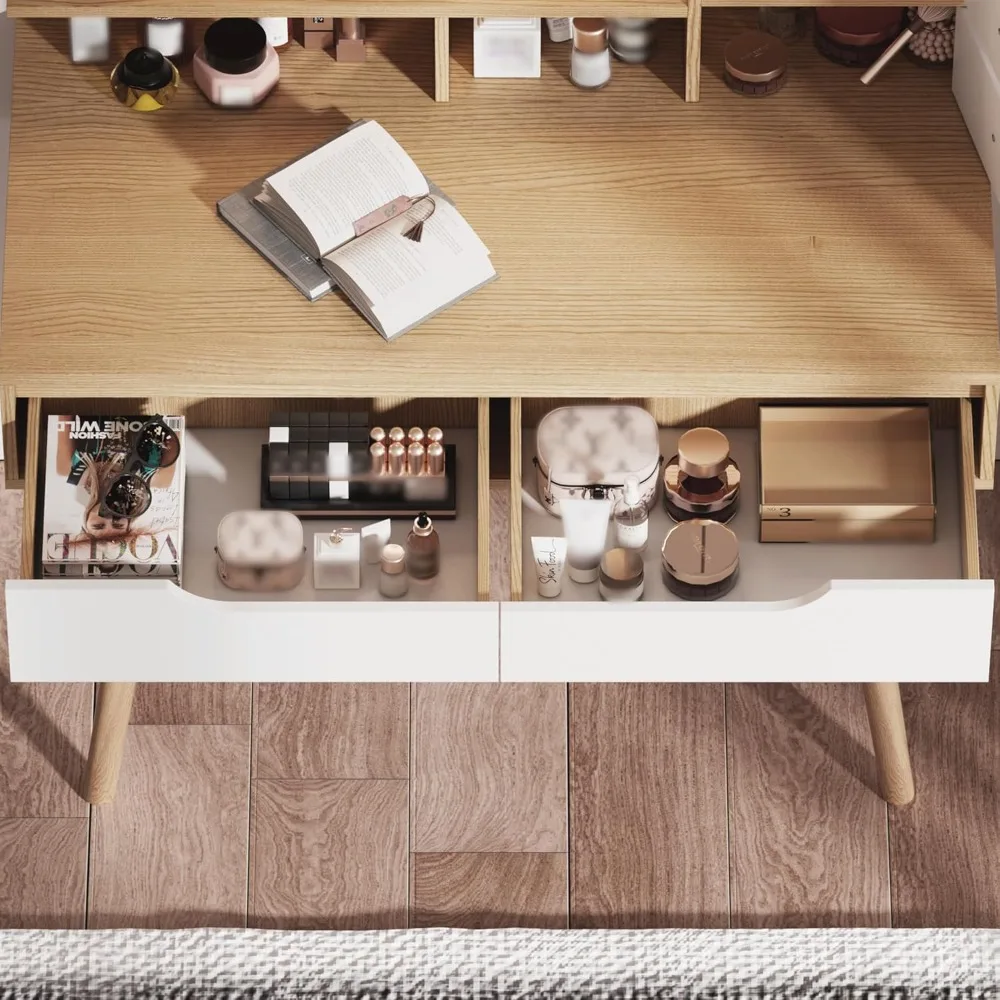 طاولة زينة مع مرآة وإضاءة، طاولة زينة مع 3 مرايا مضيئة قابلة للتعديل، 4 أدراج، 3 أرفف مفتوحة